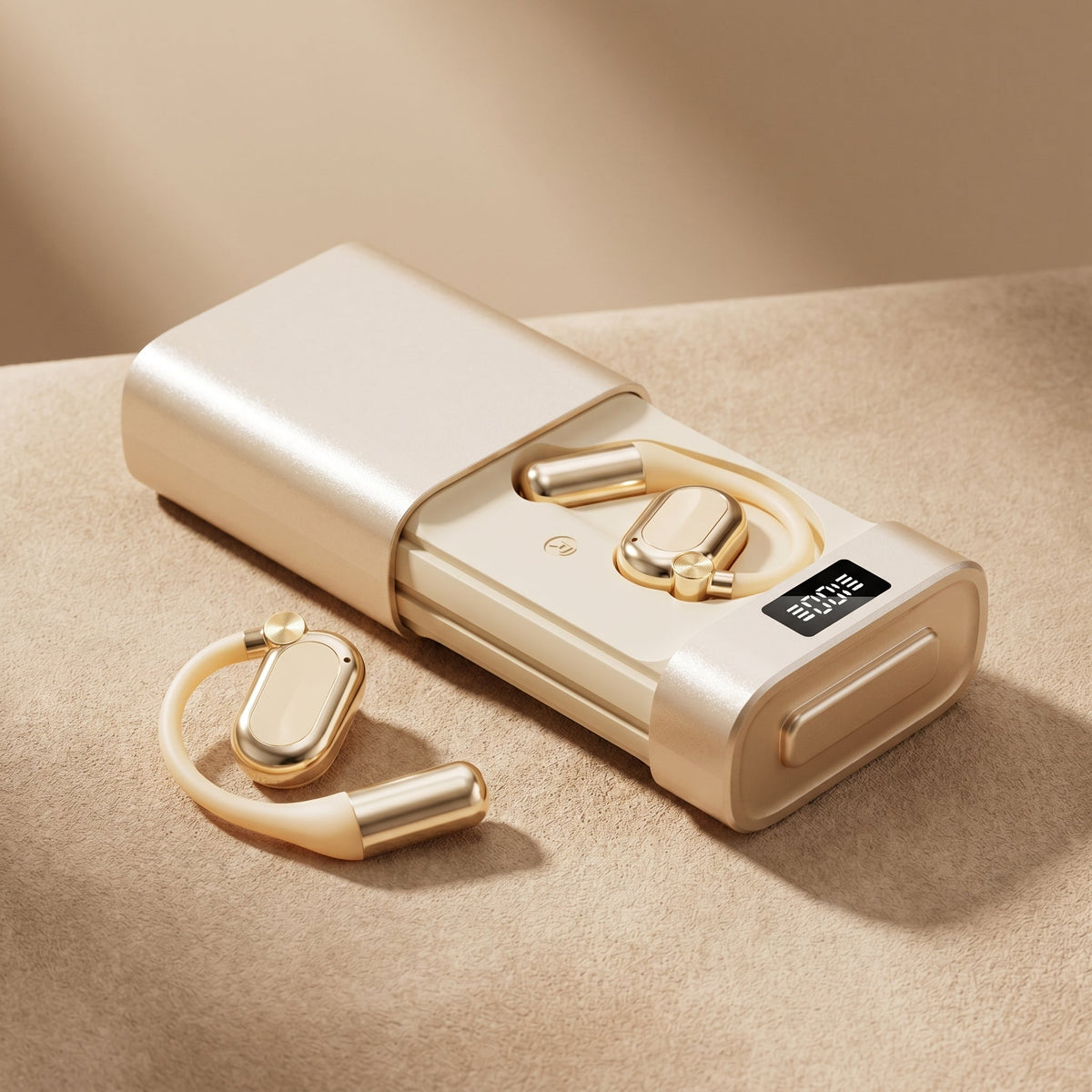 Vitessa open-ear earbuds with the cream and gold charging case