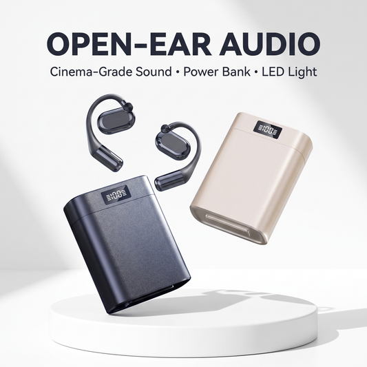 Vitessa OpenAir open-ear earbuds - cinema-grade sound, power bank case, LED light