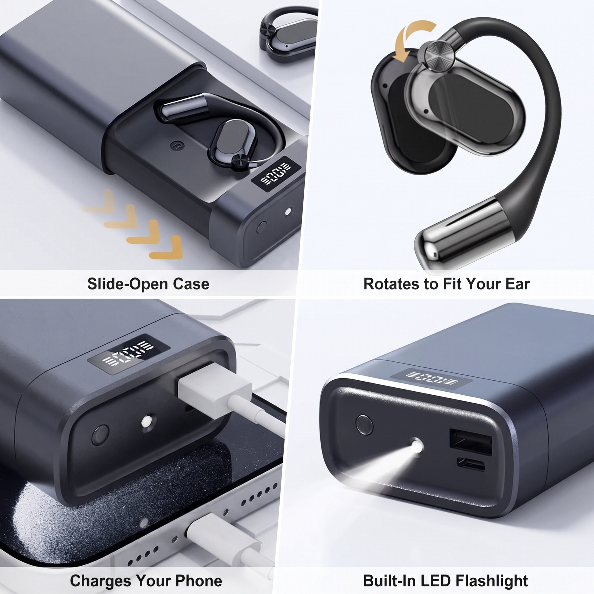 OpenAir features - slide-open case, rotates to fit your ear, charges your phone, built-in LED flashlight